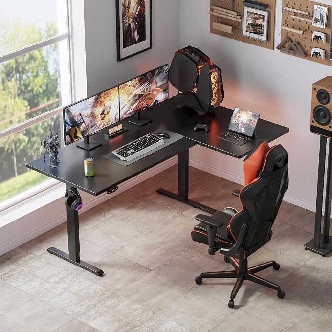 Klicelor L Shaped Standing Desk, 55 Inch Electric Height Adjustable Desk with Memory Preset, Reversible Sit Stand Up Computer Workstation for Home Office, Splice Board, Black