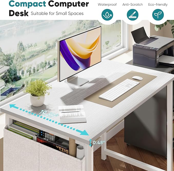 OLIXIS Small Computer Desk, 31 Inch Home Office Desks, Writing Study Craft Work Gaming Table, Computer Workstation for Bedroom Small Spaces with Storage Bag, All White