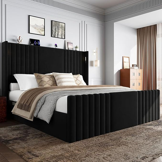 King Size Bed Frame with 55.1" Tall Headboard, Velvet Upholstered Platform Bed with Channel Tufted Wingback, 2 Reading Lights/Storage Shelf/Charging Station/Easy Assembly/Noise-Free, Black