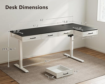 OffiGo L Shaped Electric Standing Desk with Wooden Drawers, 63 Inch Height Adjustable Corner Workstation with Power Outlets, Sit Stand Table for Home, Office, White+Black