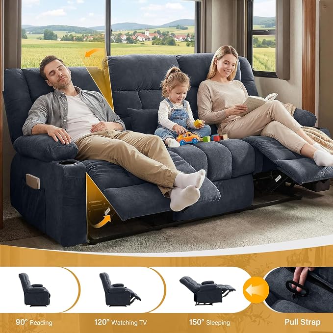 BOSMILLER Reclining Sofa with Cup Holders for Living Room 3 Seat Manual Sofa Recliner with Side Pocket