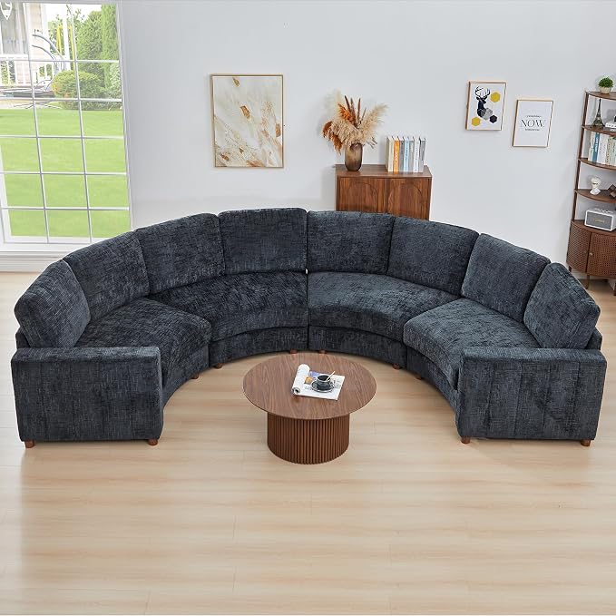 ORRD Curved Half Moon Sectional Sofa, Curved Couch with Deep Seat, Boucle Modular Sectional Sofa with Pillows, Chenille Comfy 4 Seat Couch for Living Room, Black Blue