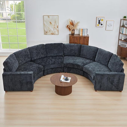 ORRD Curved Half Moon Sectional Sofa, Curved Couch with Deep Seat, Boucle Modular Sectional Sofa with Pillows, Chenille Comfy 4 Seat Couch for Living Room, Black Blue