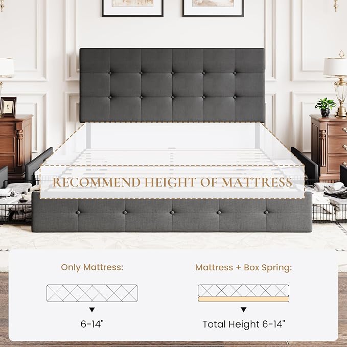 SHA CERLIN Upholstered Queen Size Platform Bed Frame with 4 Storage Drawers, Adjustable Headboard with Square Stitched Button Tufted Design, Wooden Slat Support, No Box Spring Needed, Dark Grey