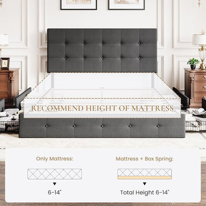 SHA CERLIN Upholstered Queen Size Platform Bed Frame with 4 Storage Drawers, Adjustable Headboard with Square Stitched Button Tufted Design, Wooden Slat Support, No Box Spring Needed, Dark Grey