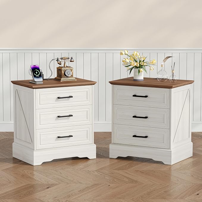 Akxomel Farmhouse Nightstand with Charging Station, 22" Wide Bedside Table with 3 Large Drawers & Bar Handles, Side End Table with Stable Support Base, for Bedroom, Off White