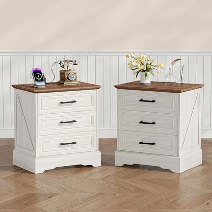 Akxomel Farmhouse Nightstand with Charging Station, 22" Wide Bedside Table with 3 Large Drawers & Bar Handles, Side End Table with Stable Support Base, for Bedroom, Off White
