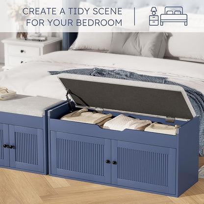 47.2" Storage Bench - Entryway Shoe Bench with 4 Doors and Top Storage Area, Multifunctional Entryway Bench with Lift Top Cushion, Shoe Storage Bench for Bedroom, Living Room, Navy Blue
