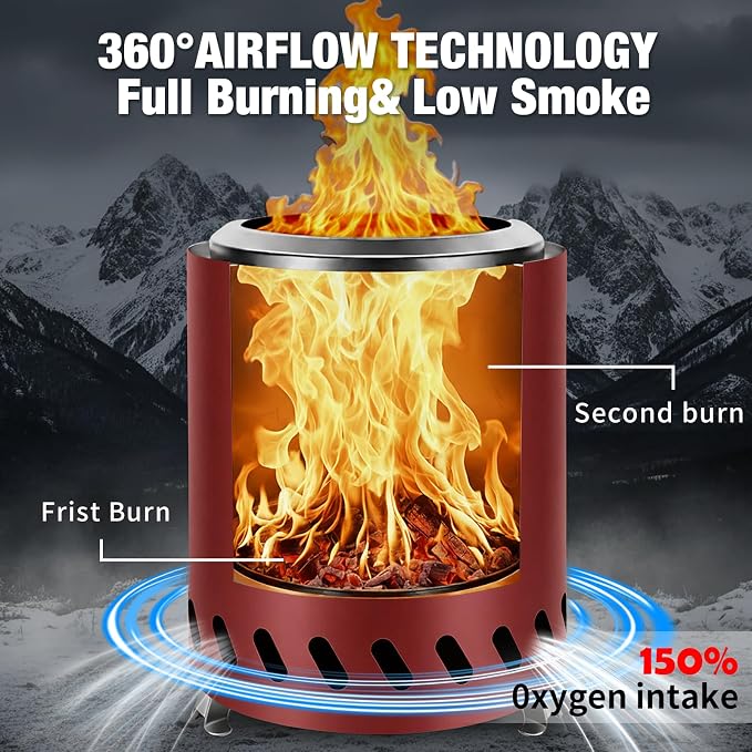 9.7 x 7.1 Inch Tabletop Fire Pit by AmazStove, Low Smoke Camping Stove for Outdoor Safe Burning Firepits, Fueled Pellets or Wood, Travel Bag Included (Red, 9.7 x 7.1 INCH)