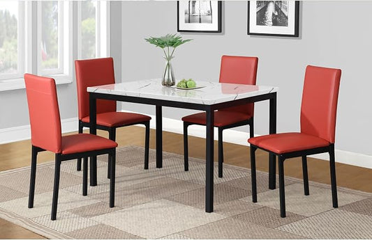 Roundhill Furniture 5 Piece Citico Metal Dinette Set with Laminated Faux Marble Top, White Table with Red Chairs
