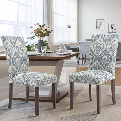 COLAMY Upholstered Parsons Dining Chairs Set of 2, Fabric Dining Room Kitchen Side Chair with Nailhead Trim and Wood Legs - Blue/White Flower