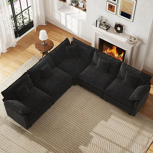 WorthFurni 114” Oversized Modular Sectional Sofa, 5-Seater V Shaped Cloud Couch Set, Comfy Chenille Deep Seat Sofa with 5 Throw Pillows, DIY Combination for Living Room (Black)