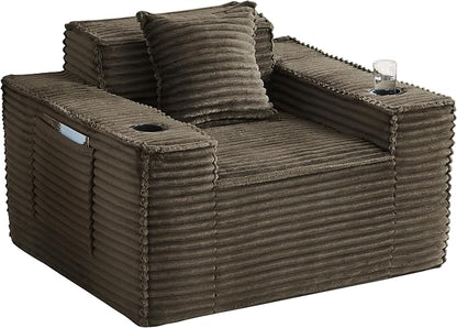 43.3" Boneless Chair with Cup Holder,Oversize Accent Chair with Side Pocket, Large Reading Sofa Chair for Compact Living Rooms, Apartments (Brown, Single Sofa Chair)