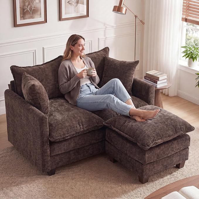 50'' L-Shape Loveseat Sofa with 22" Ottoman, 2 Seat Modern Cloud Couch with 2 Washable Pillows for Small Space Apartment Office Living Room Bedroom, Brown