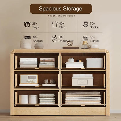 Decofy Fluted Drawers Dresser for Bedroom, Wood Dressers with Gold Handles, Modern Dressers with Wave Texture, Large Storage Chest of Drawers, Bedroom Dresser Organizer 47'' & 6 Drawers (Natural Oak)