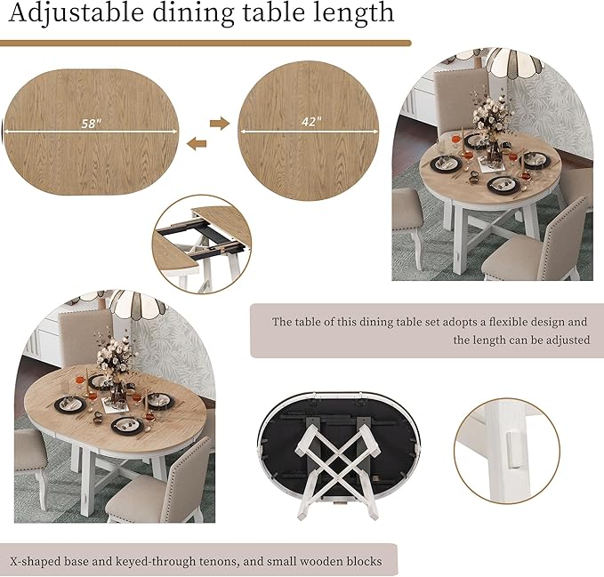 LUMISOL 42"-58" Extendable Round Dining Table for 4-8, Farmhouse Oval Kitchen Table with Removable Leaf, Solid Wood Dinner Tables for Kitchen, Dining Room, Small Space, Oak+Antique White