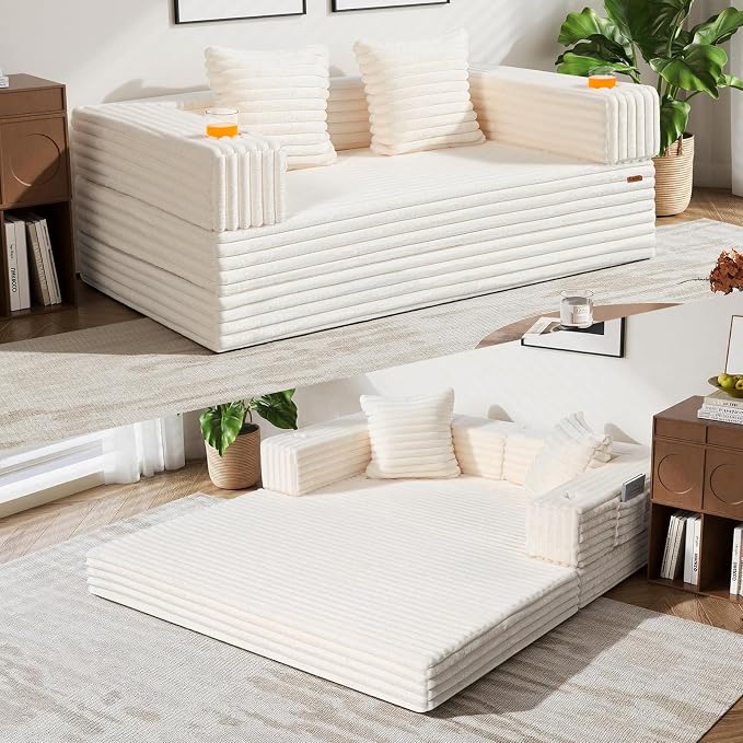COMAX Futon Sofa Bed, Convertible Sofa Bed, Folding Boneless Couches | Boneless Couch for living room, Fold Out Small Foldable Loveseat Floor Sleeper Mattress Lounge Space‑Saving, Light Beige