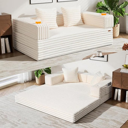 COMAX Futon Sofa Bed, Convertible Sofa Bed, Folding Boneless Couches | Boneless Couch for living room, Fold Out Small Foldable Loveseat Floor Sleeper Mattress Lounge Space‑Saving, Light Beige