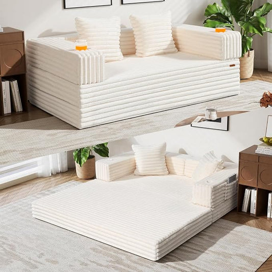 COMAX Futon Sofa Bed, Convertible Sofa Bed, Folding Boneless Couches | Boneless Couch for living room, Fold Out Small Foldable Loveseat Floor Sleeper Mattress Lounge Space‑Saving, Light Beige