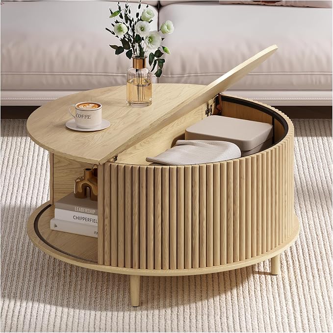 Round Coffee Table with Storage, 31.5" Mid Century Modern Coffee Table with Sliding Door & Solid Wood Legs, Minimalist Fluted Center Table for Living Room, Home Small Space, Oak