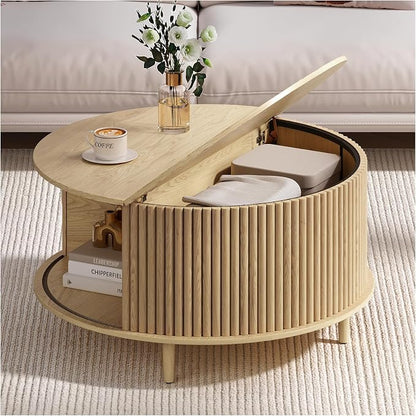 JOINICE,Round Coffee Table with Storage, 31.5" Natural Oak Fluted Center Table with Sliding Door, Modern Circle Drum Table for Living Room, Scandi Wood Furniture for Small Spaces