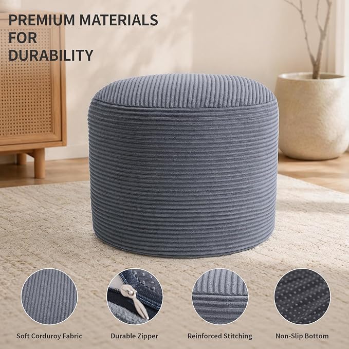 Stuffed Pouf Ottoman Foot Rest with 2.8-inch Solid Foam Base | Odorless Filling Resists Clumping, Washable Corduroy Cover, Round Foot Stool for Living Room Couch Lounging and Home Decor