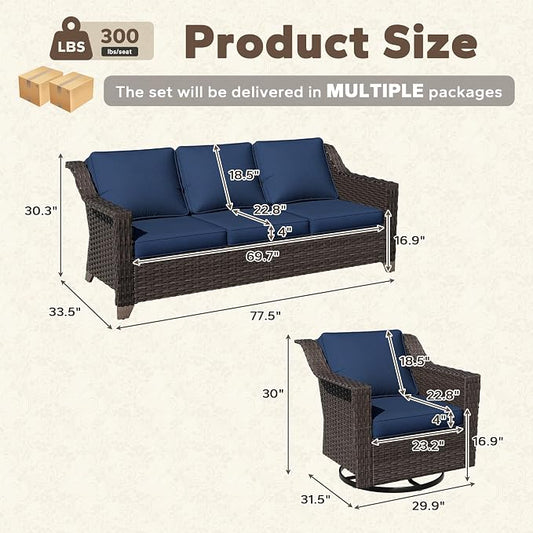 5 Pieces Patio Conversation Furniture Set - 1 Sofa, 4 Swivel Chairs, Outdoor Wicker Furniture with Removable Cushions for Porch, Balcony, Sunroom (Blue)