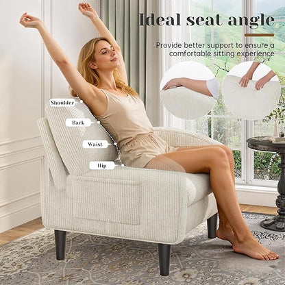 Homkdom Accent Chair for Living Room,Mid Century Modern Reading Chair with 2 Side Pockets,Upholstered Armchair for Apartment,Small Room,Beige