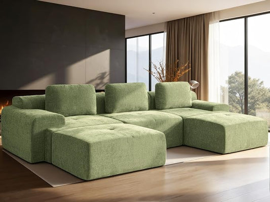 122" U-Shaped Modular Sectional Sofa, Oversized Boneless Cloud Couch for Living Room with Extra Deep Seat & High Back, Tool-Free No Assembly, Soft Chenille (Olive Green, 122 inch-U Shaped（3+2）)