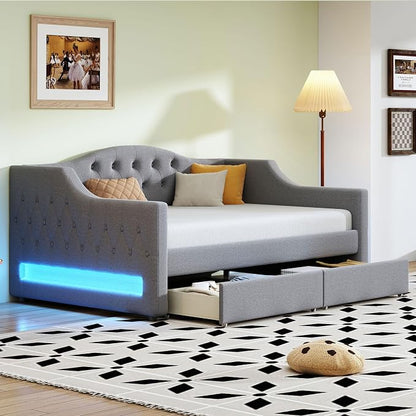 Merax Twin XL Size Modern Upholstered Platform Bed with 2 Drawers, Linen Sofa Daybed with Wood Slat Support, Storage Bed Frame, Space Saving/Gray