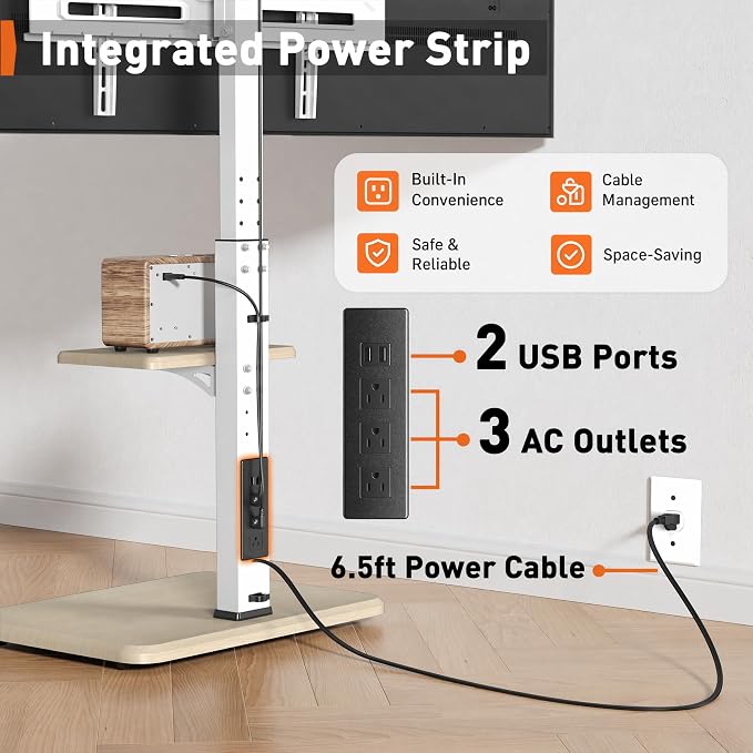 Perlegear Floor TV Stand with Power Outlet, Universal TV Stand for 32-75 inch TVs up to 110 lbs, Tall TV Mount for Bedroom with Shelf, Wood Base, Height Adjustable, Max VESA 600x400mm, White, PGFS06W