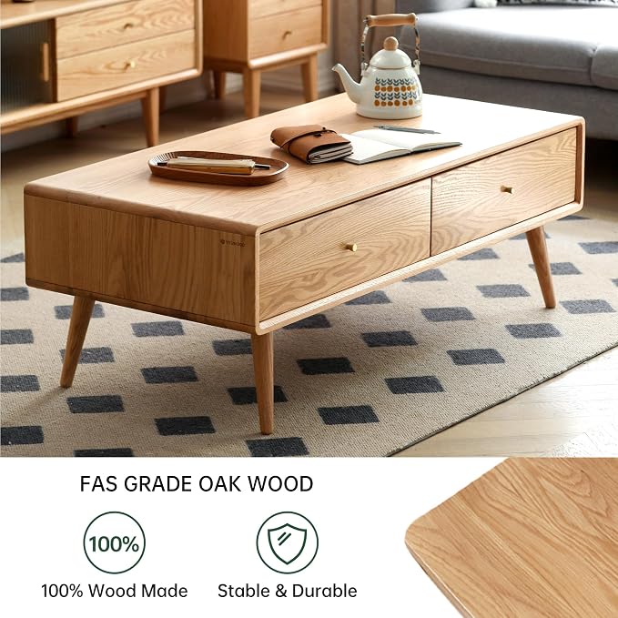 47.24" Solid Wood Coffee Table with Large Storage for Living Room, Oak Coffee Table with 4 Drawers, Mid-Century Modern Coffee Tables for Home (Original Wood Color)