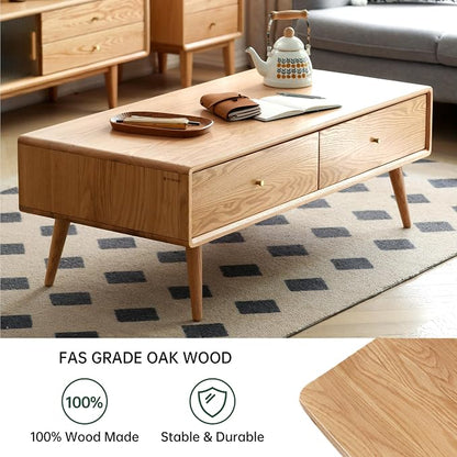 47.24" Solid Wood Coffee Table with Large Storage for Living Room, Oak Coffee Table with 4 Drawers, Mid-Century Modern Coffee Tables for Home (Original Wood Color)