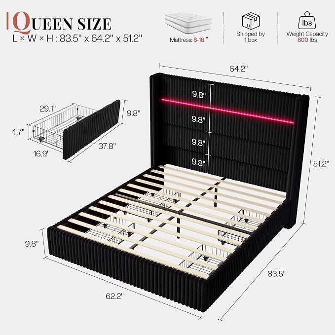 Jocisland Queen Size Corduroy Upholstered Bed Frame with 4 Storage Drawers & 51.2" Tall Wingback Headboard, LED Platform Bed with Charging Station, Easy Assembly, No Box Spring Needed, Black