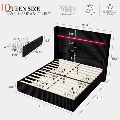 Jocisland Queen Size Corduroy Upholstered Bed Frame with 4 Storage Drawers & 51.2" Tall Wingback Headboard, LED Platform Bed with Charging Station, Easy Assembly, No Box Spring Needed, Black
