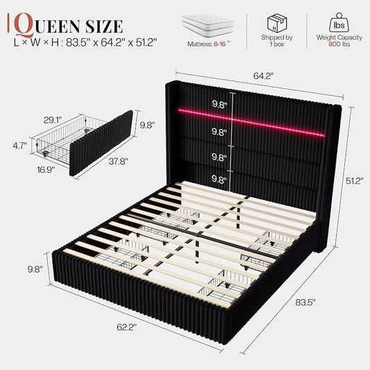 Jocisland Queen Size Corduroy Upholstered Bed Frame with 4 Storage Drawers & 51.2" Tall Wingback Headboard, LED Platform Bed with Charging Station, Easy Assembly, No Box Spring Needed, Black