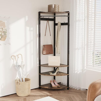 Coat Rack Freestanding with 6 Double Hooks, Shoe Bench & Storage Shelf - Freestanding Hall Tree Organizer for Entryway, Bedroom, Living Room, Space-Saving,Retro color