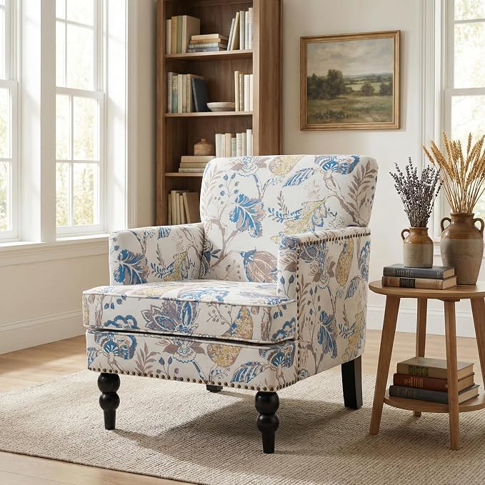 Christopher Knight Home Eve Modern Upholstered Club Chair, Wooden Living Room Accent Chair, Bedroom Comfy Reading Chair, Multifunctional Armchair, Beige+Blue