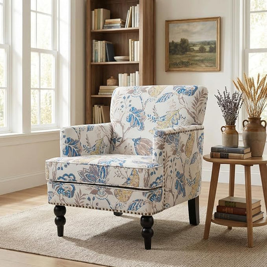 Christopher Knight Home Eve Modern Upholstered Club Chair, Wooden Living Room Accent Chair, Bedroom Comfy Reading Chair, Multifunctional Armchair, Beige+Blue