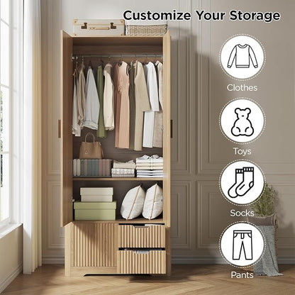 Vabches 71” Fluted Armoire Wardrobe Closet with 2 Doors and Drawers Tall Wooden Wardrobe Cabinet with Large Storage, Hanging Rod, 2 Shelves, Golden Metal Handle