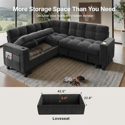 AMADA HOMEFURNISHING 85″ Modular Sectional Sleeper Sofa with Pull Out Couch, U Shaped 5 Seat Sectional Sofa with Storage, USB Ports & Cup Holders, Chenille Cloud Couches for Living Room, Dark Grey