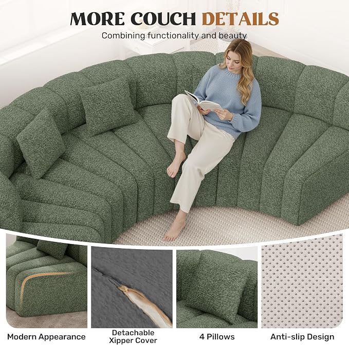128" Oversized Curved Cloud Couch, Modern Compressed Modular Sectional Sofa, 4 Seater Boneless Couches for Living Room, No Assembly Required, Green 1 PCS