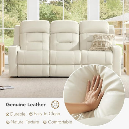Watson & Whitely Genuine Leather Power Reclining Sofa, 3-Seater Lay Flat Recliner Sofa with Power Headrest, Cup Holders, USB & Type-C Ports, Electric Reclining Couch for Living Room, Cream