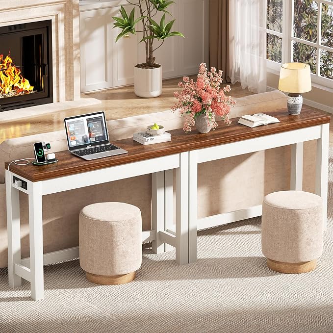 Cyclysio 47" Console Table with Charging Station, 13.8" Deep Farmhouse Sofa Table Behind Couch with 2 AC Outlets & 3 USB Ports, Entryway TV Console or Compact Home Office Desk, Rustic Oak