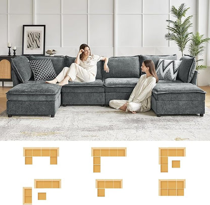 HULALA HOME 97'' Modular Sectional Sofa, L Shaped Couch with Storage Ottoman, Comfy Chenille Sofa with Deep Seat, 4 Seat Convertible Sectional Couches for Living Room, Grey
