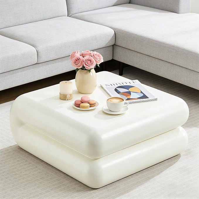 31.5" Modern White Coffee Table, Stone Coffee Table, Square Minimalist Center Table, Contemporary Low Sofa Side Accent End Tea Table for Living Room Bedroom Apartment, No Assembly Required
