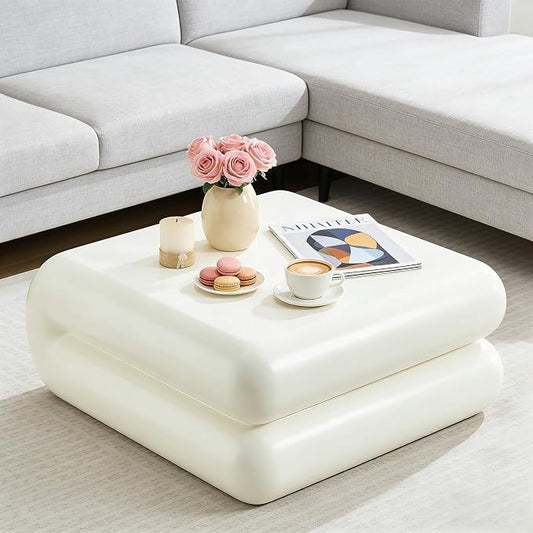 31.5" Modern White Coffee Table, Stone Coffee Table, Square Minimalist Center Table, Contemporary Low Sofa Side Accent End Tea Table for Living Room Bedroom Apartment, No Assembly Required