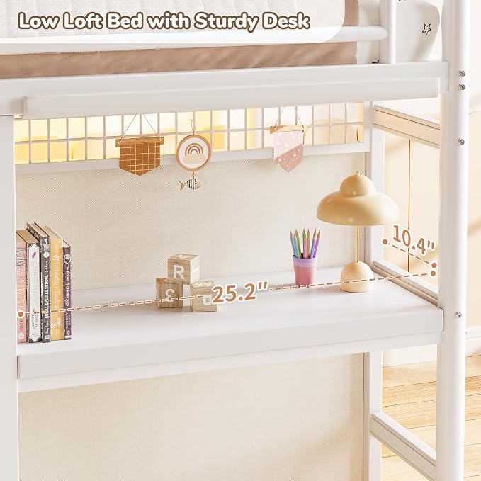 Low Loft Bed Twin Size with 7 Storage Drawers, Desk and LED Lights, Heavy Duty Metal Kids Loft Bed with 13.8" H Safety Guardrail, Anti-Collision Pad, Private Play Curtain, Under-Bed Play Space - Beige