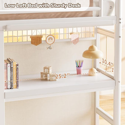 Low Loft Bed Twin Size with 7 Storage Drawers, Desk and LED Lights, Heavy Duty Metal Kids Loft Bed with 13.8" H Safety Guardrail, Anti-Collision Pad, Private Play Curtain, Under-Bed Play Space - Beige