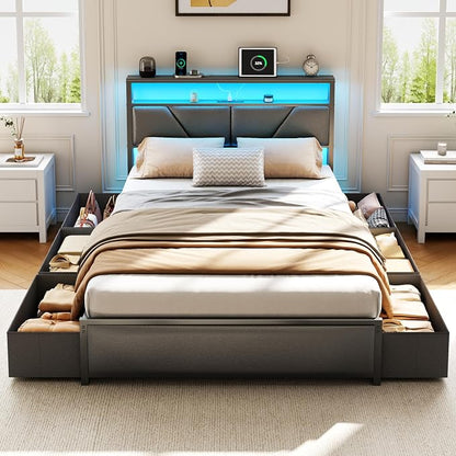 OURPIC Full Size Bed Frame, 2-Tier Storage Headboard & 6 Fabric Drawers, PU Leather Upholstered Platform Bed Frame Full with Charging Station and LED Lights, No Box Spring Needed, Noise Free